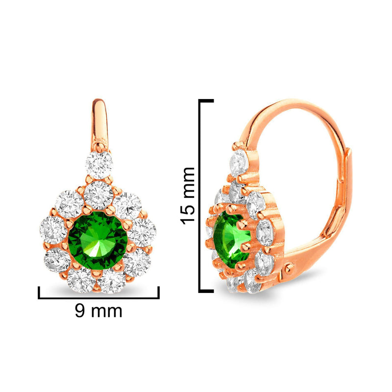 Sterling Silver Rose Gold Emerald CZ Flower Huggie Leverback Earrings