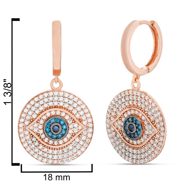 Sterling Silver Rose Gold Plated Evil Eye Dangle Disc Huggie