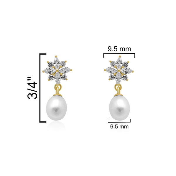 Sterling Silver CZ Starburst W/ Dangling Pearl Post Earrings