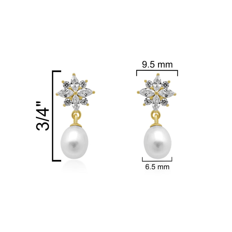 Sterling Silver CZ Starburst W/ Dangling Pearl Post Earrings