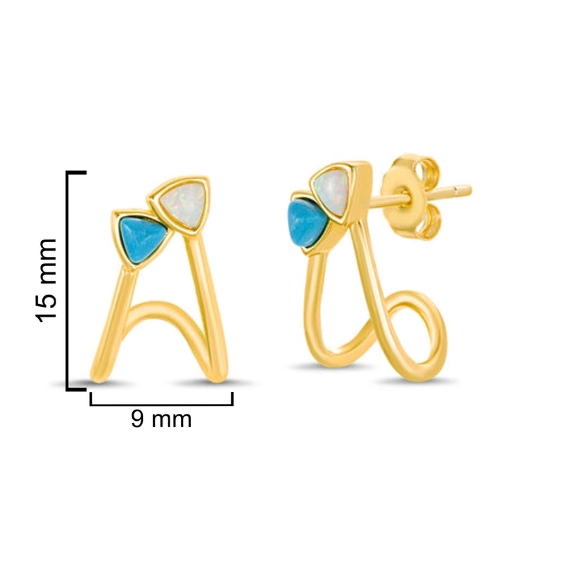 Sterling Silver Gold Plated Opal & Turquoise Triangle CZ Split Huggie Earrings