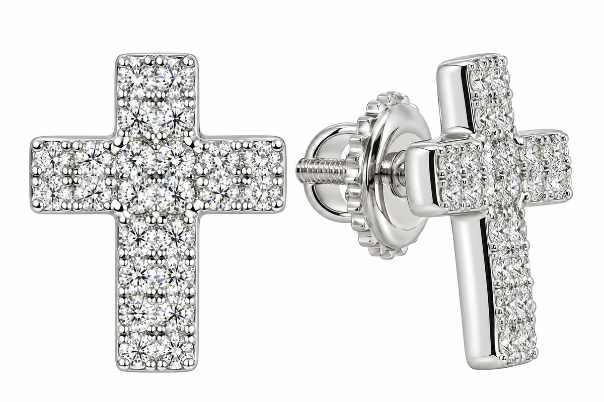 Sterling Silver Moissanite Pave Cross Screwback Earrings