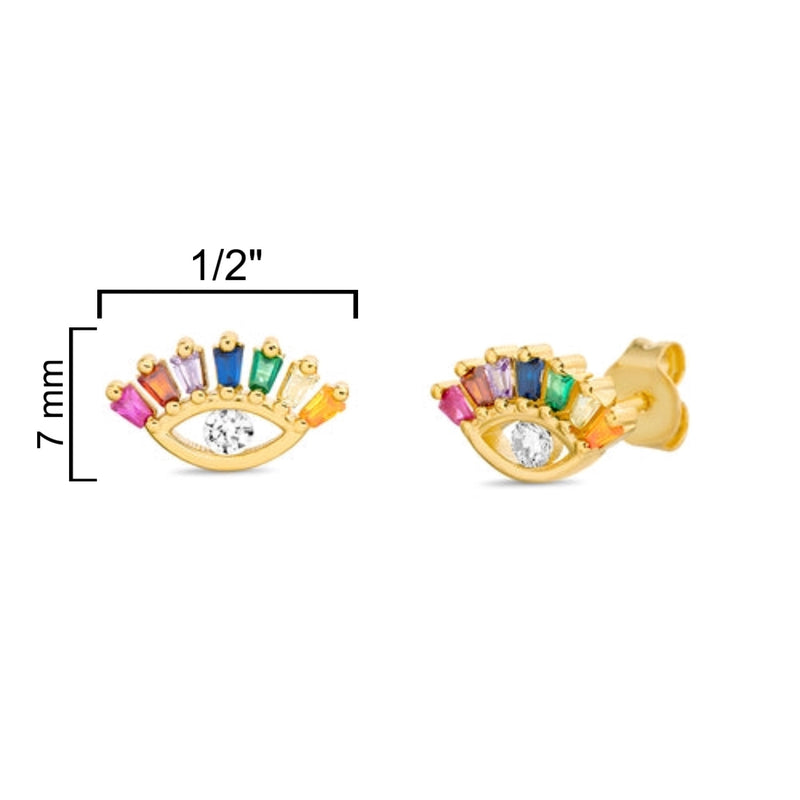 Sterling Silver 14K Gold Plated Evil Eye Baguette Multi Color CZ and Bezel CZ Center Post Earrings