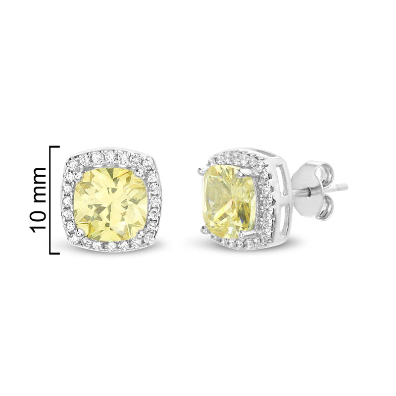 STERLING SILVER LAB CREATED PERIDOT CUSHION W/ CZ HALO SQUARED STUD EARRING
