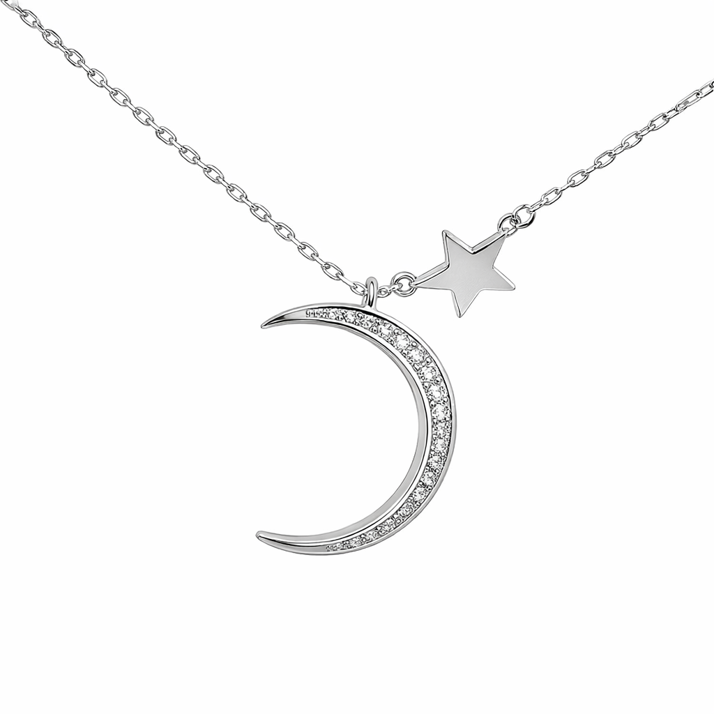 Sterling Silver Crescent Moon Necklace with Star