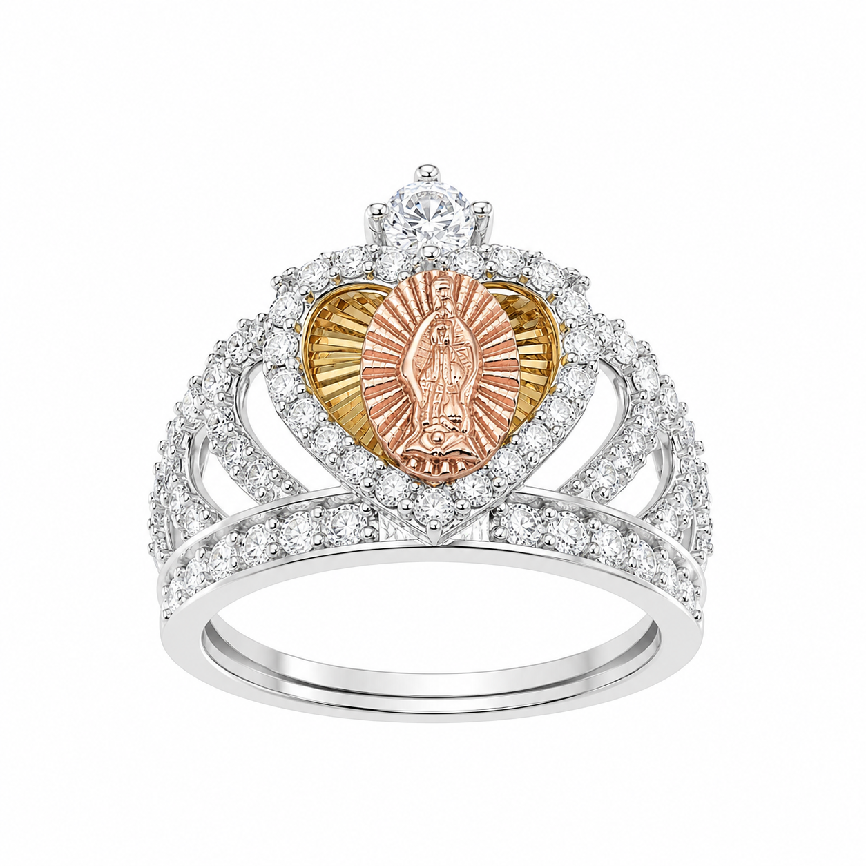 Sterling Silver Mother Mary Heart Crown Ring