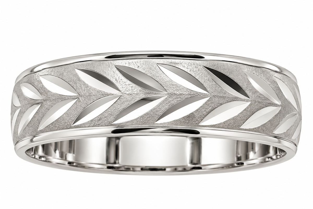 Sterling Silver 6mm Diamond-Cut Chevron Pattern Wedding Band Ring