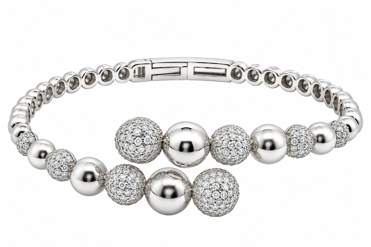 Sterling Silver Beaded Moissanite Pave Cuff Bangle - 1.56 CTW VVS D