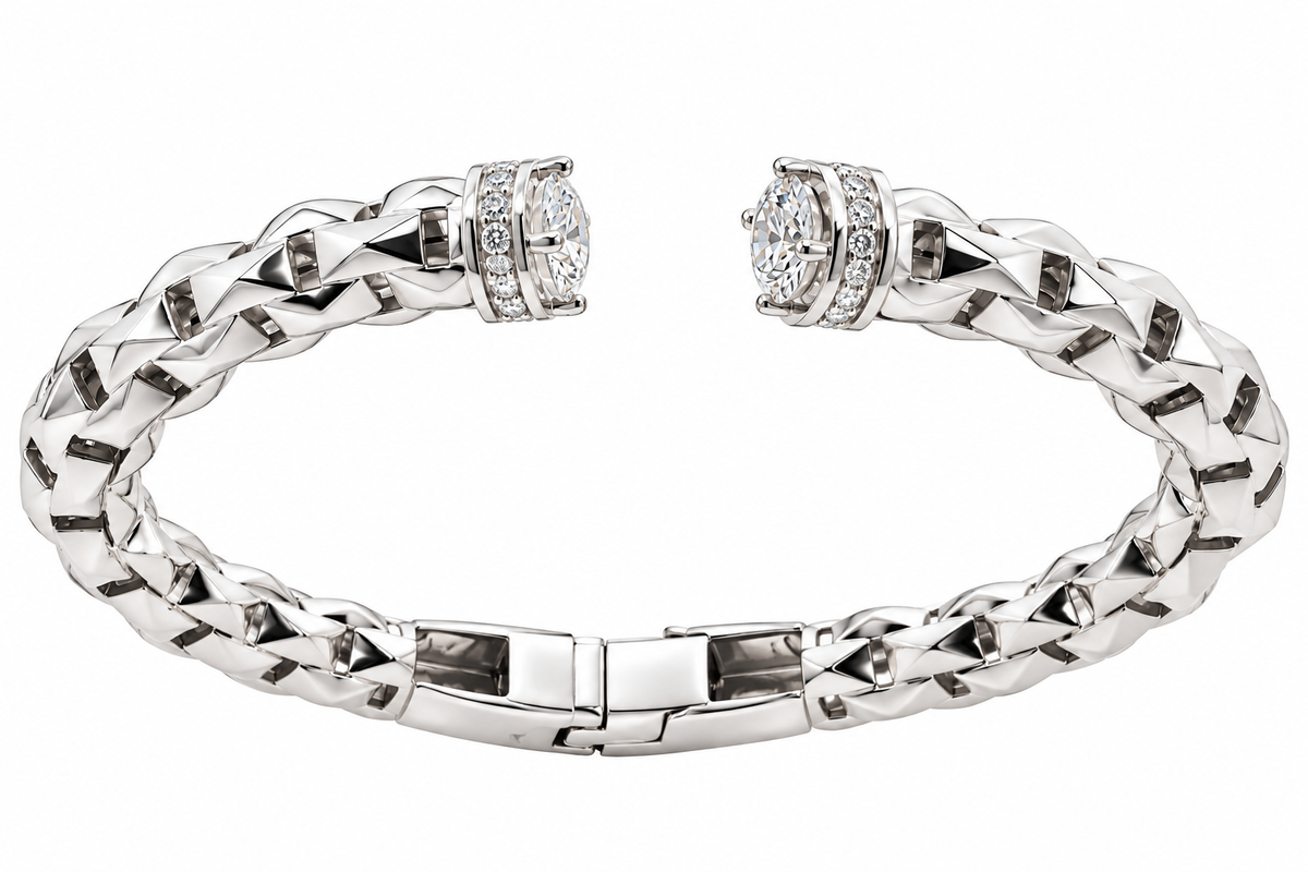 Sterling Silver 6.5mm Woven Link Moissanite Cuff Bangle - 2.4 CTW VVS D