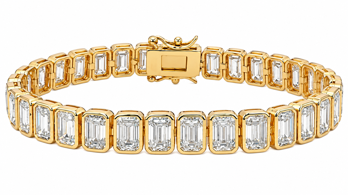 Sterling Silver 7mm Emerald Cut Moissanite Bezel Setting Tennis Bracelet (7")