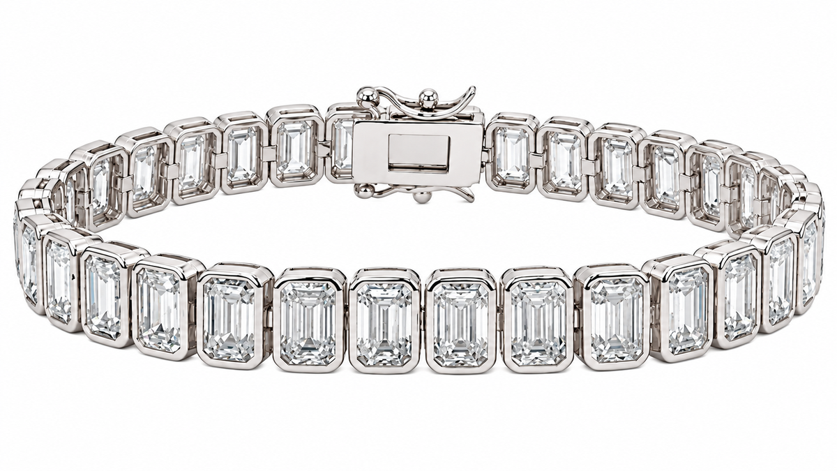 Sterling Silver 7mm Emerald Cut Moissanite Bezel Setting Tennis Bracelet (7")
