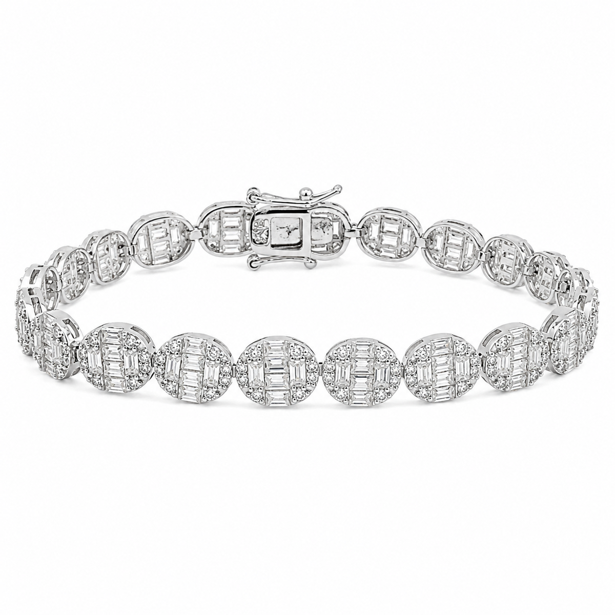 Sterling Silver Moissanite Baguette Pave Oval Tennis Bracelet (7")