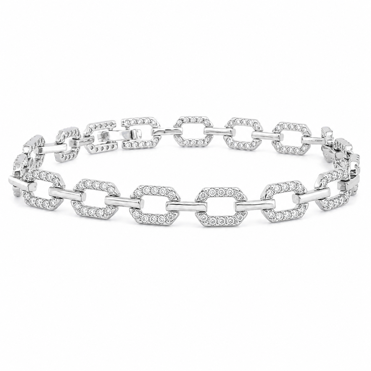 Sterling Silver Moissanite Pave Oval Link Bracelet (7")