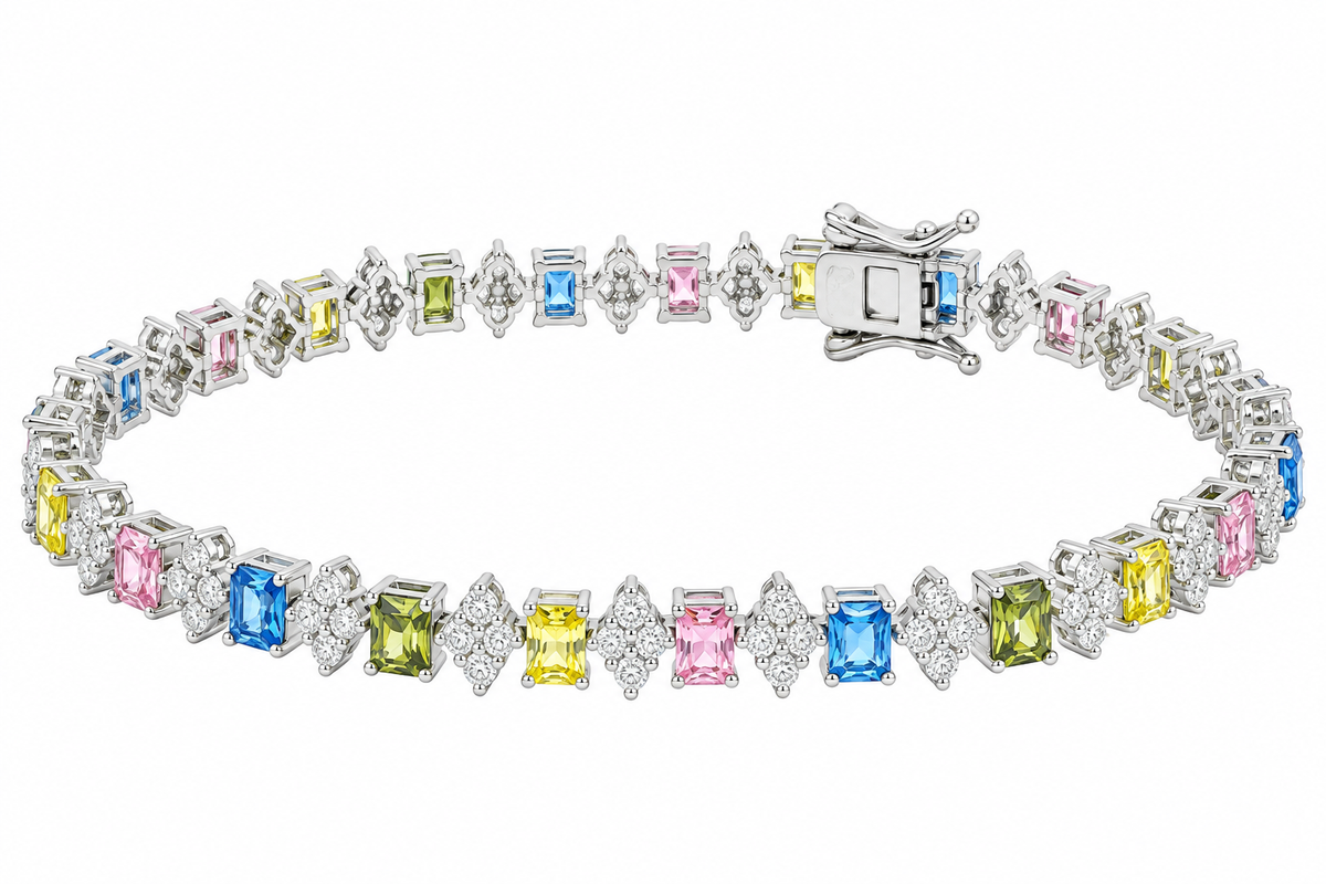 Sterling Silver Moissanite Emerald Cut Multicolor CZ Alternating Tennis Bracelet - 7" 1.94 CTW VVS D