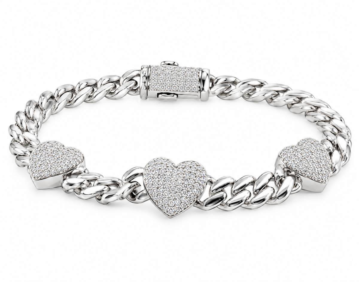 Sterling Silver Moissanite Heart Cuban Link Bracelet - 7.5" 2.39 CTW VVS D