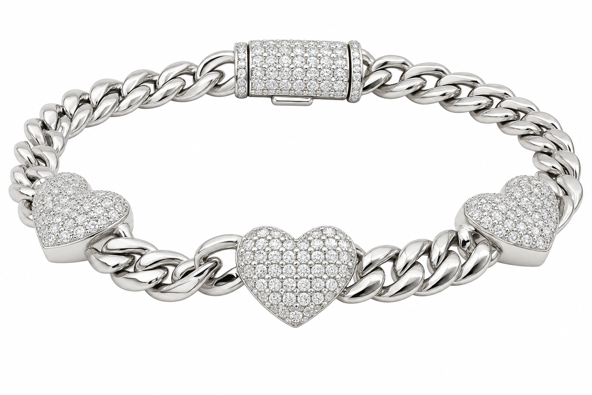 Sterling Silver Moissanite Heart Cuban Link Bracelet - 7.5" 2.39 CTW VVS D