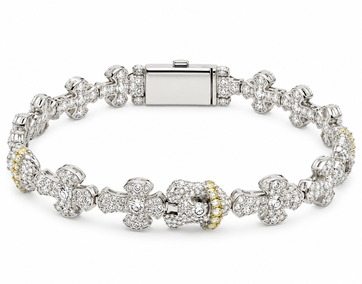 Sterling Silver Moissanite Pave Jesus Face & Cross Bracelet - 8.5" 9.54 CTW VVS D