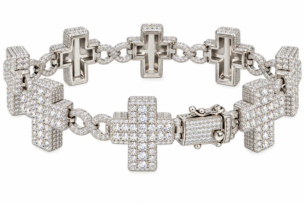 Sterling Silver Moissanite Pave Cross Infinity Link Bracelet - 8" 20.96 CTW VVS D