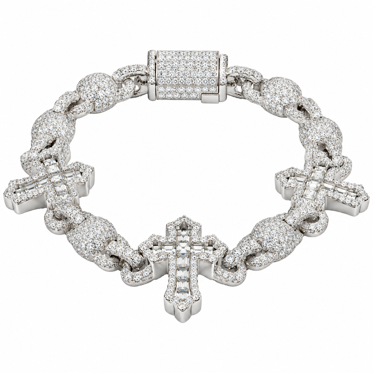 Sterling Silver Moissanite Baguette Cross Ball & Chain Link Bracelet - 8.25" 7.19 CTW VVS D