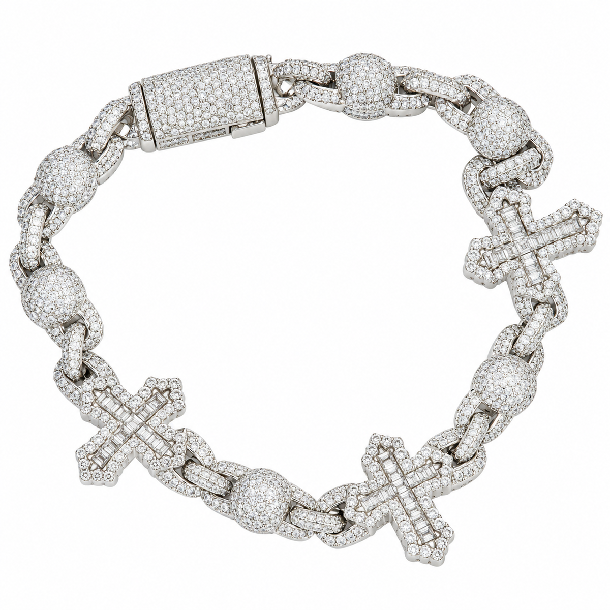 Sterling Silver Moissanite Baguette Cross Ball & Chain Link Bracelet - 8.25" 7.19 CTW VVS D