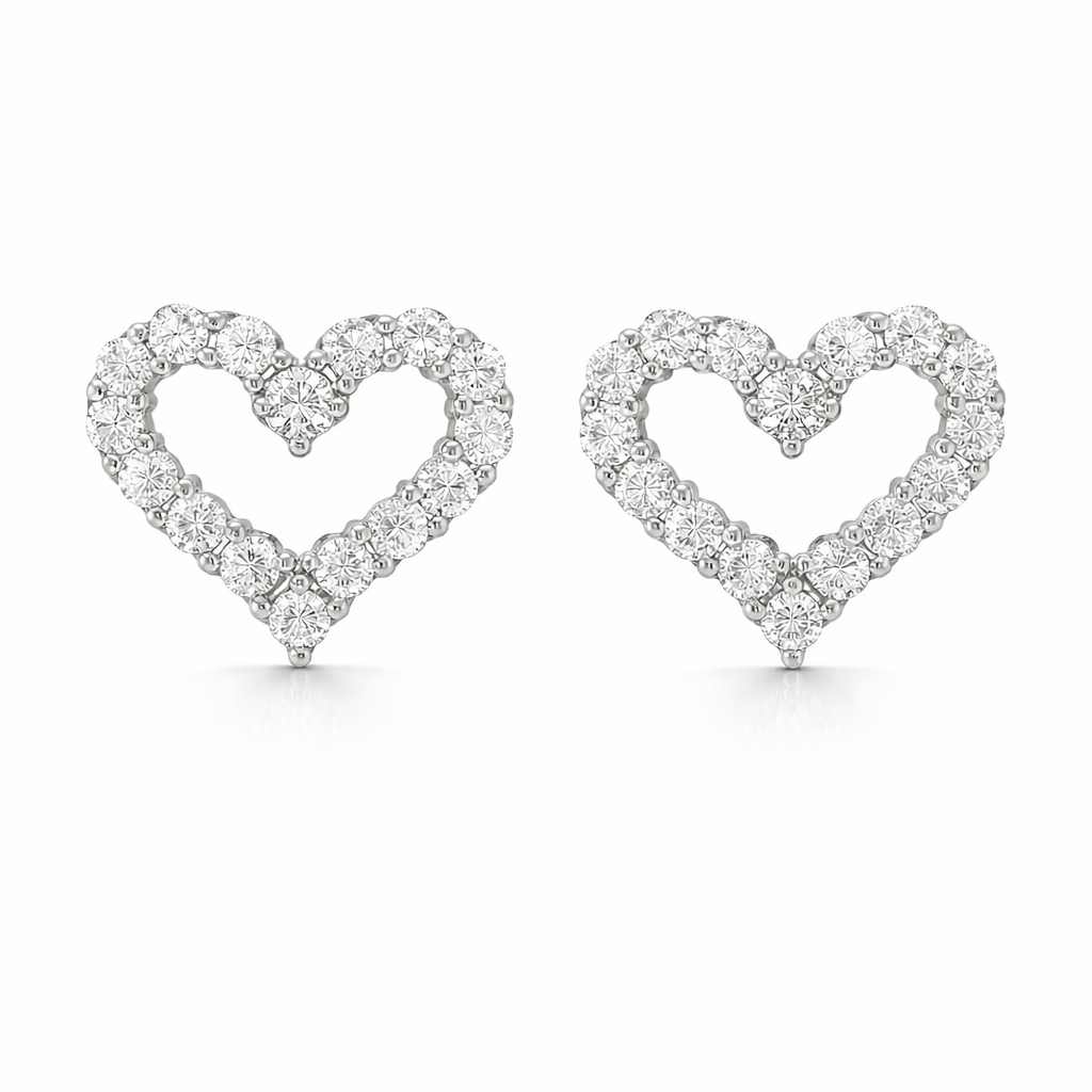 Sterling Silver Moissanite Pave Open Heart Stud Earrings