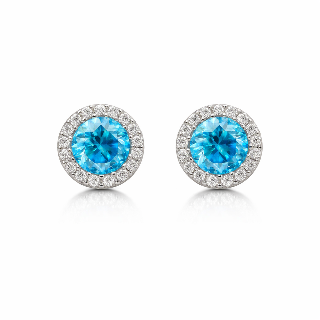 Sterling Silver 5.64 CTW Moissanite Blue Stone Clear Halo Round Earrings