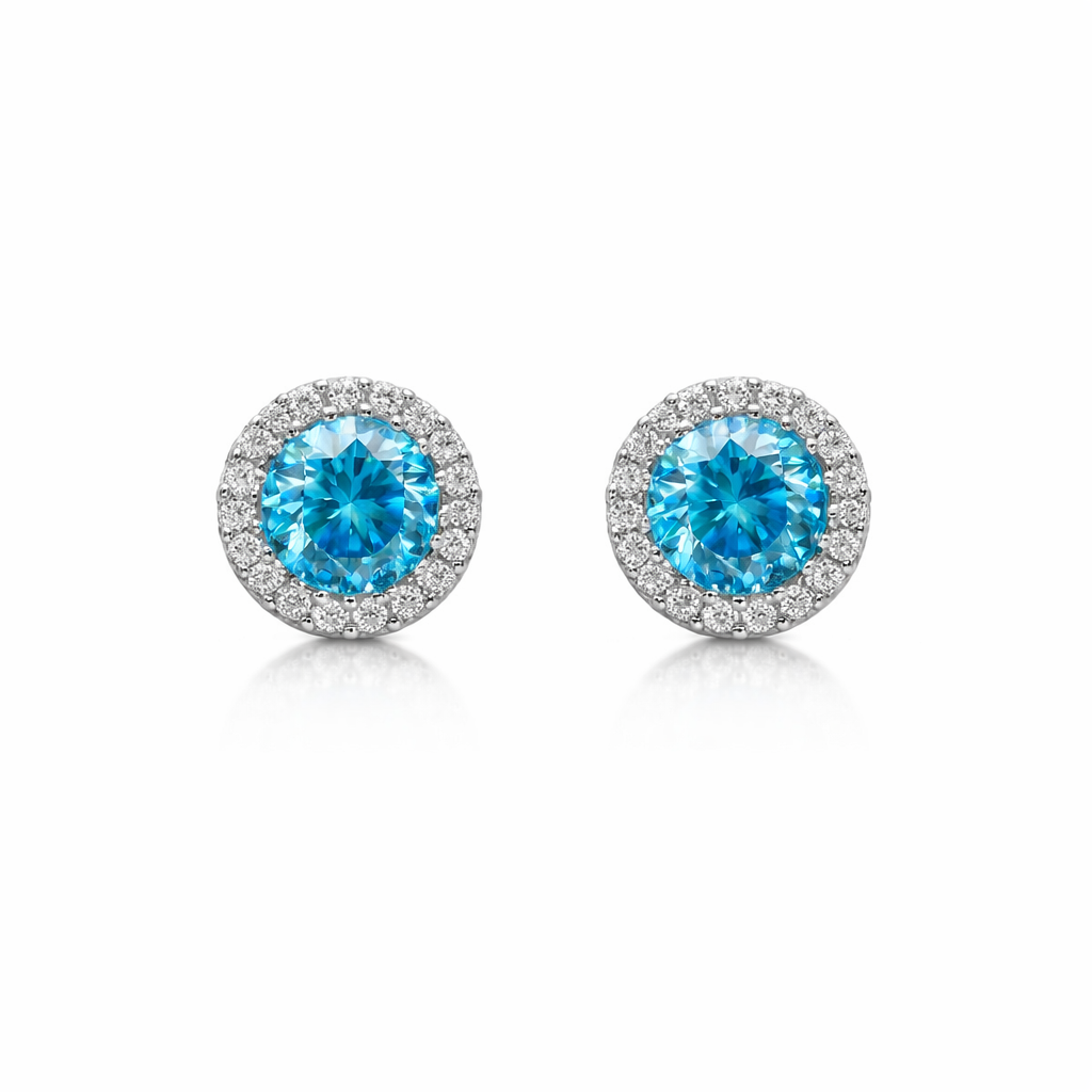 Sterling Silver 5.64 CTW Moissanite Blue Stone Clear Halo Round Earrings