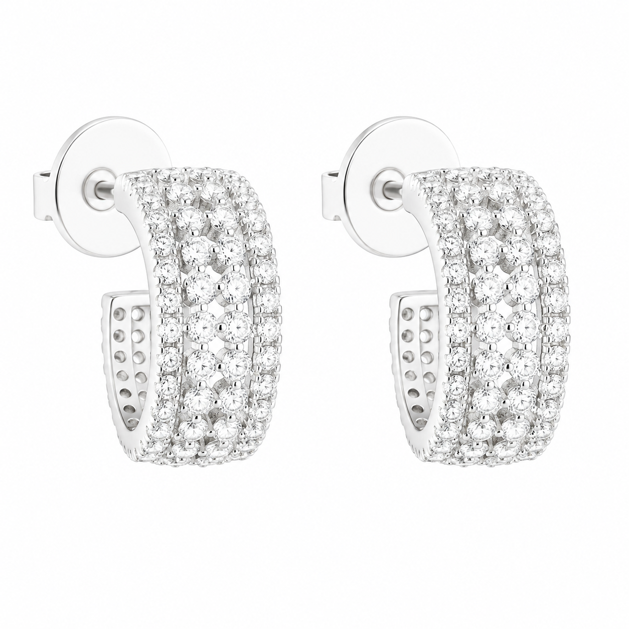 Sterling Silver Moissanite Four Row Pave Small Open Hoop Earrings