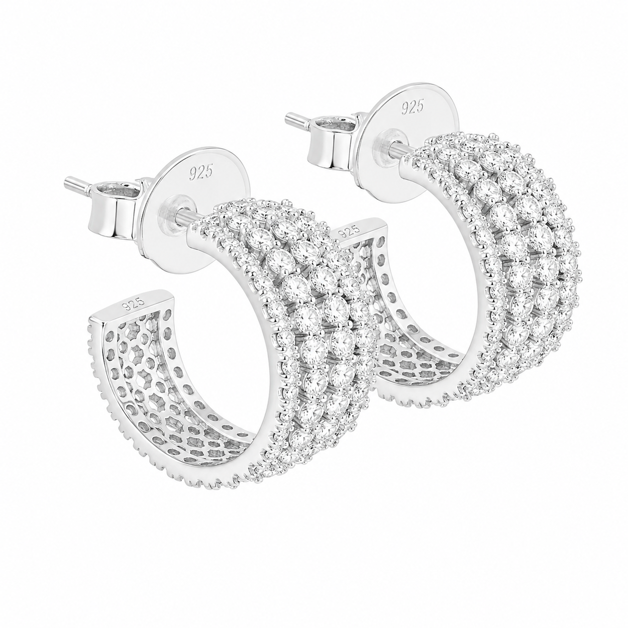 Sterling Silver Moissanite Four Row Pave Small Open Hoop Earrings