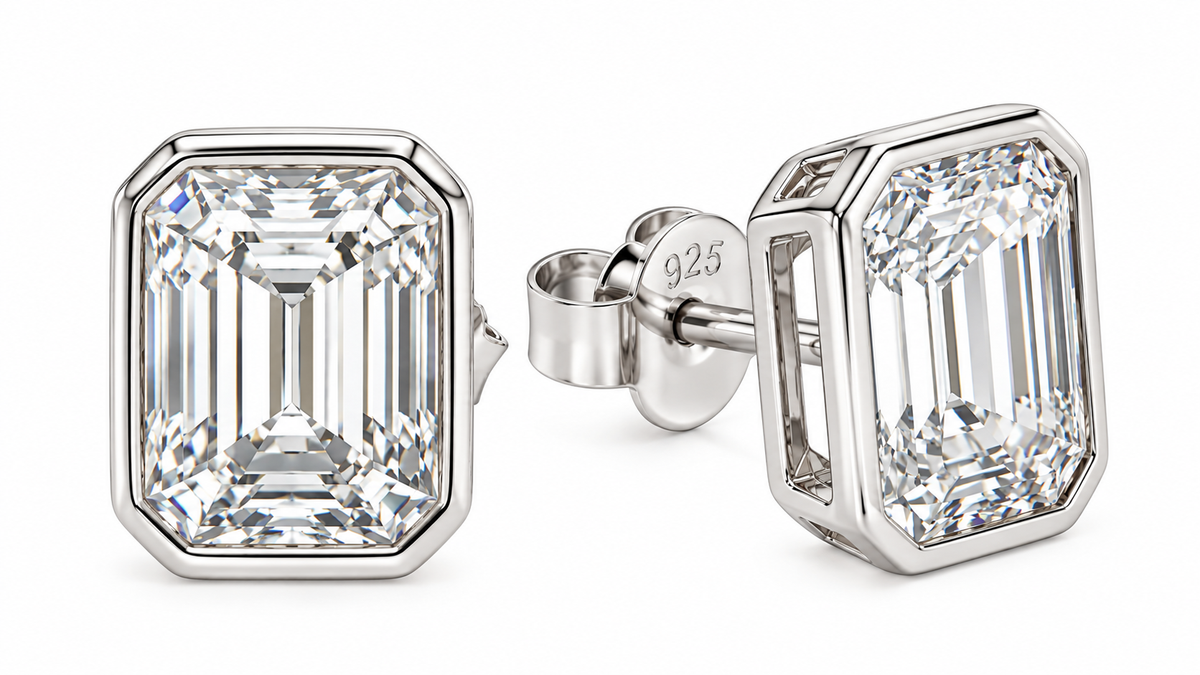 Sterling Silver 2.0 CT Emerald Cut Moissanite Bezel Setting Solitaire Earrings