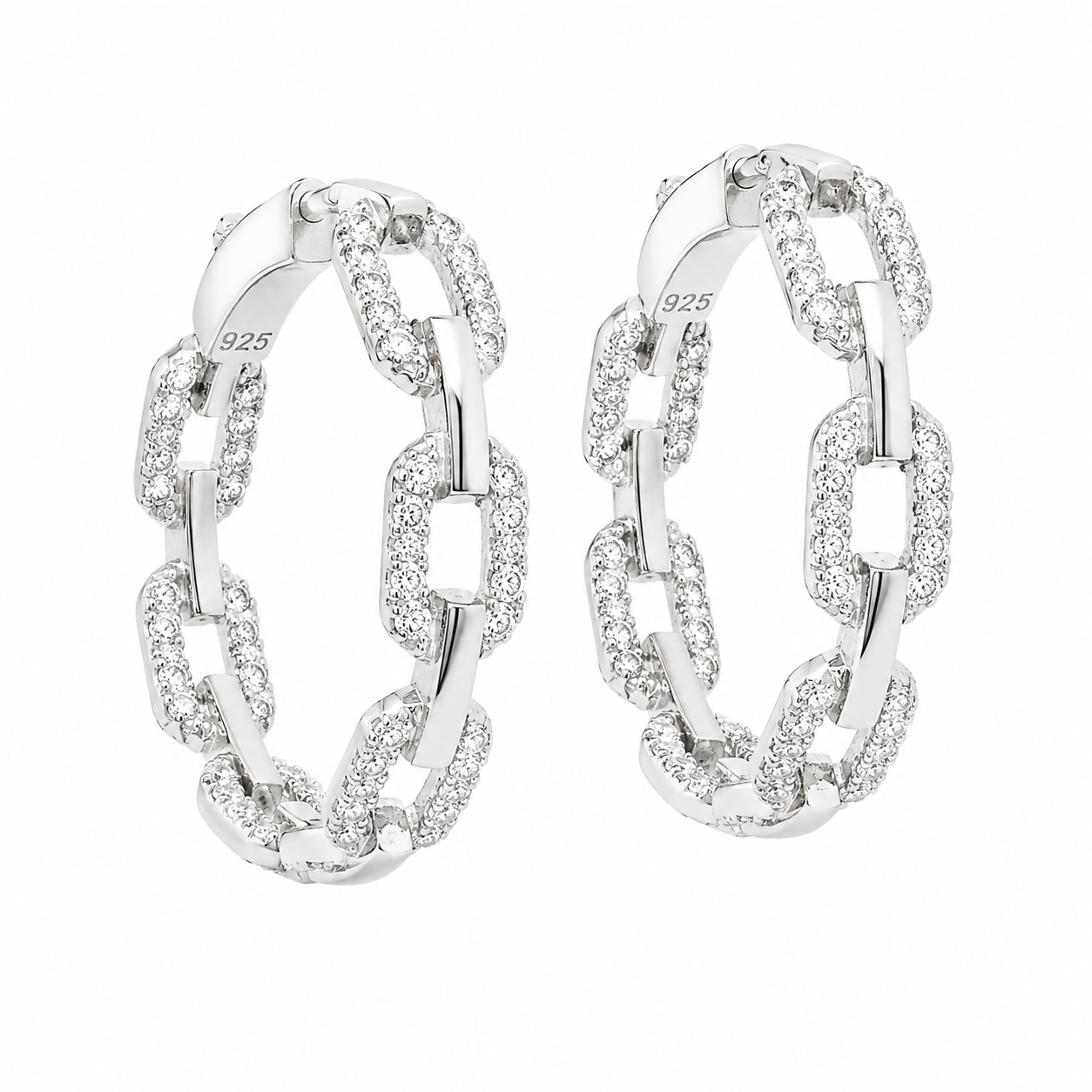 Sterling Silver Moissanite Pave Oval Link Inside Out Hoop Earrings