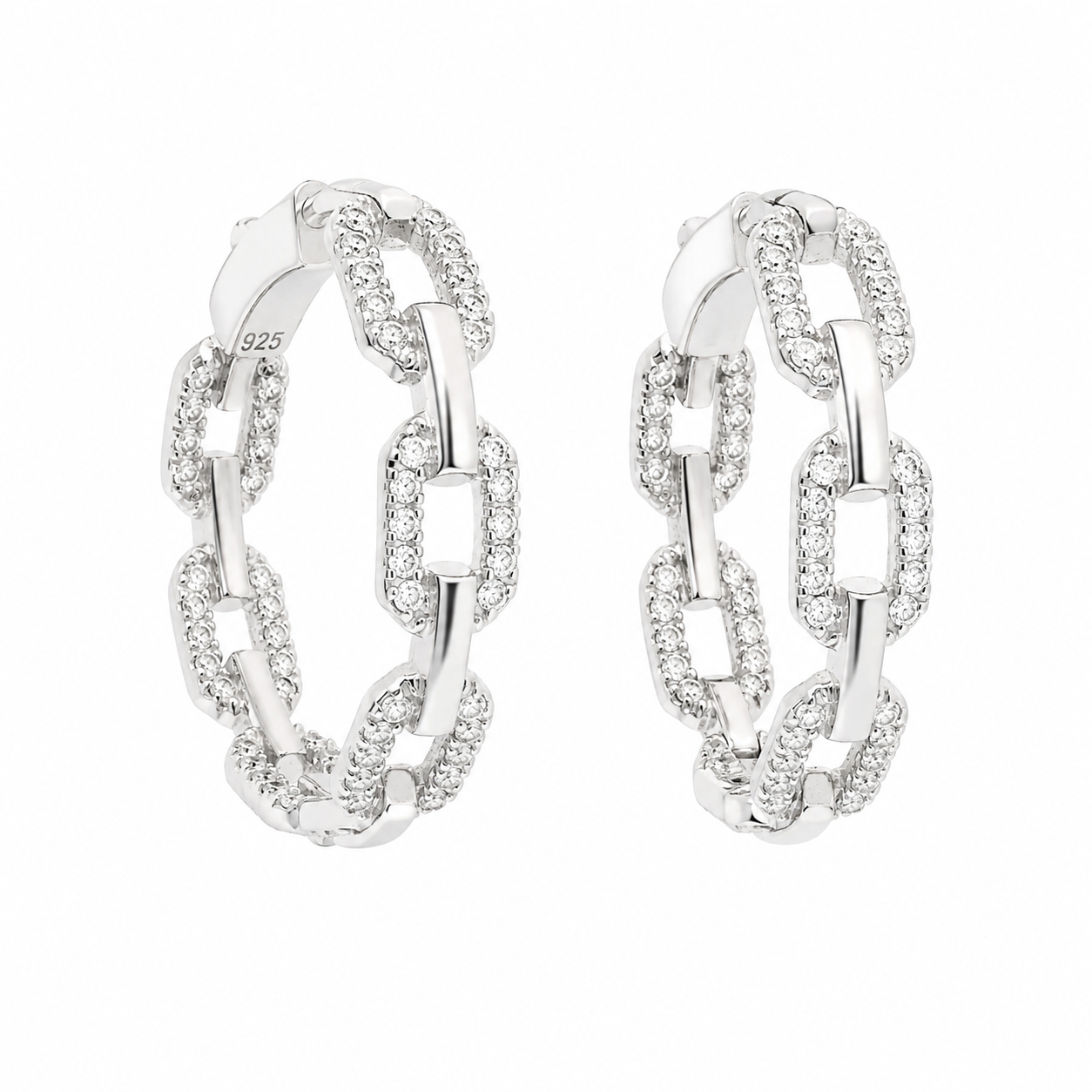 Sterling Silver Moissanite Pave Oval Link Inside Out Hoop Earrings