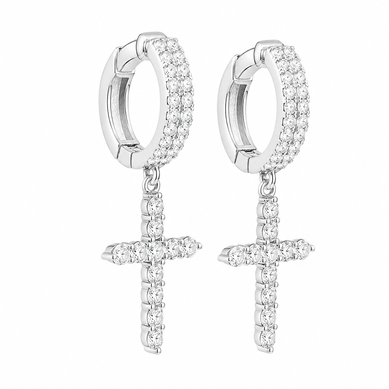 Sterling Silver Moissanite Cross Dangling Huggie Earrings