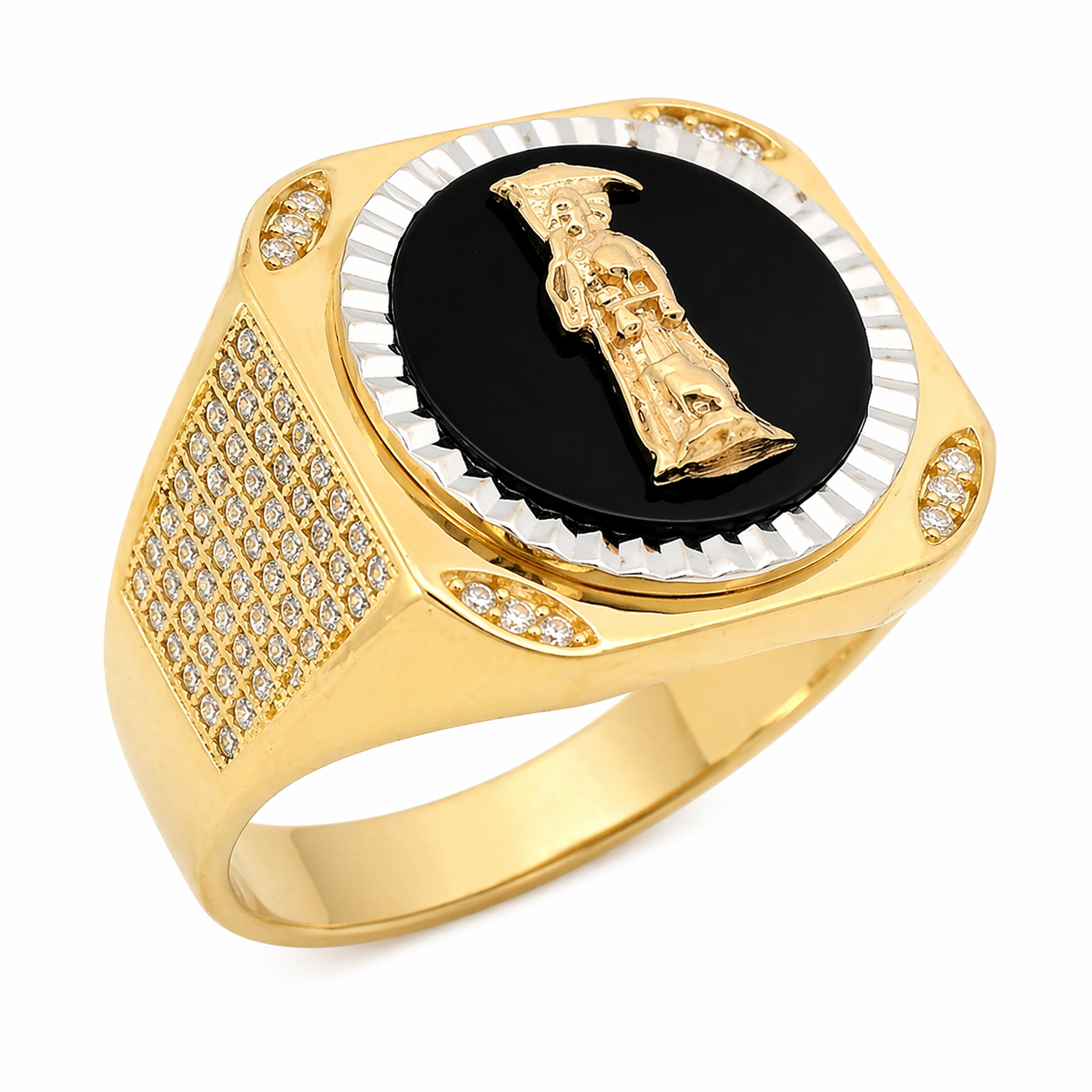 Sterling Silver Gold Plated Santa Muerte Moissanite Men's Ring