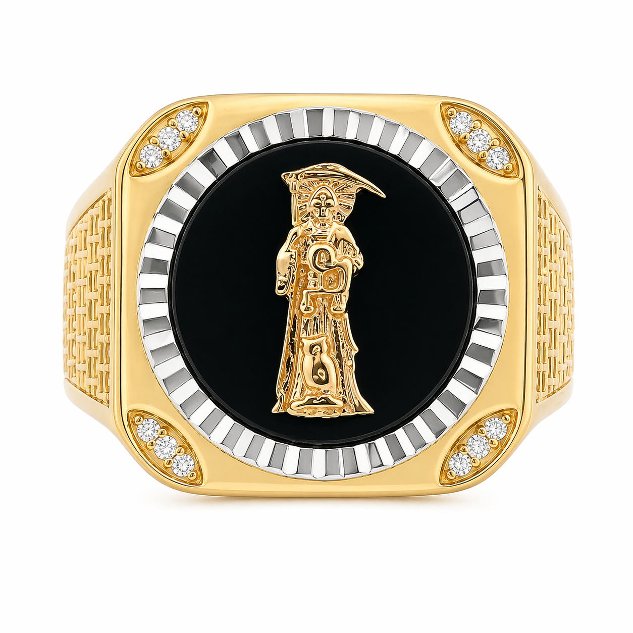 Sterling Silver Gold Plated Santa Muerte Moissanite Men's Ring