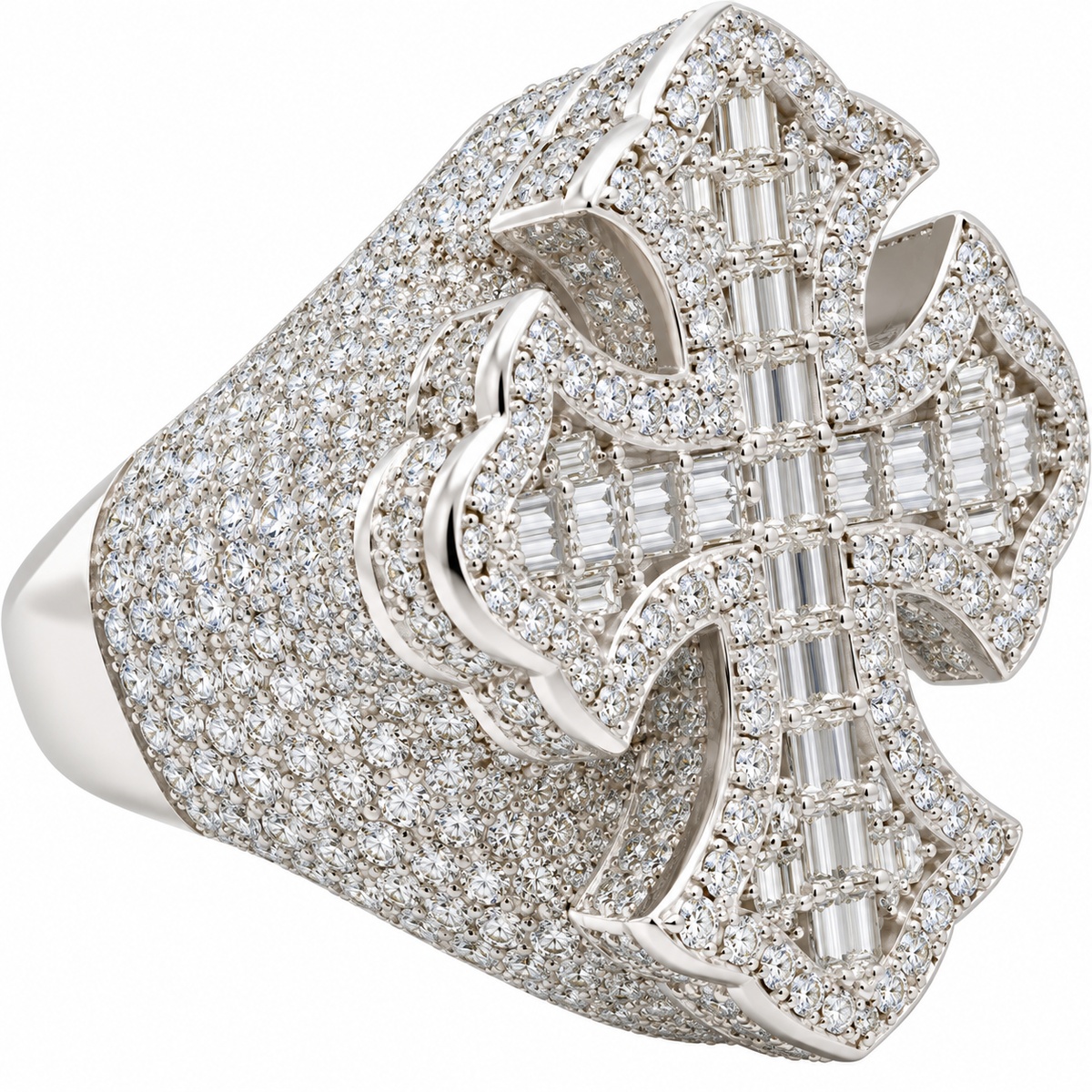 Sterling Silver Moissanite Pave Baguette Cross Men's Ring - 6.26 CTW VVS D