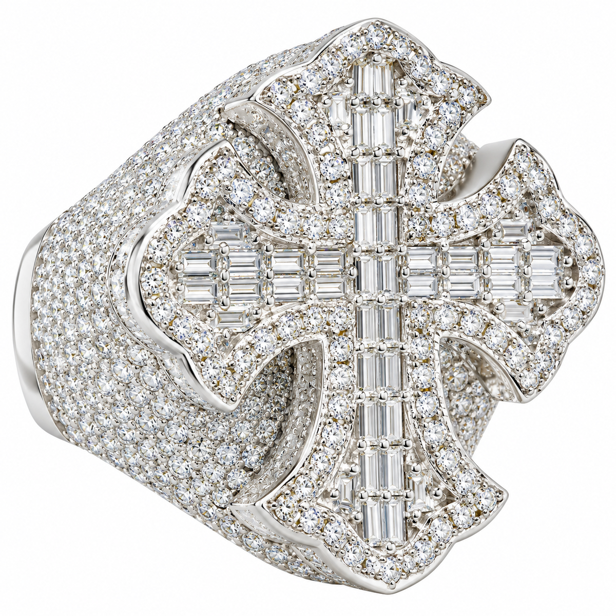 Sterling Silver Moissanite Pave Baguette Cross Men's Ring - 6.26 CTW VVS D