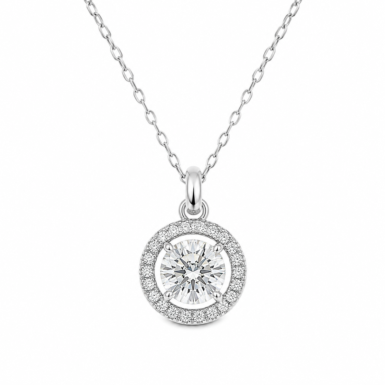 Sterling Silver 4 Prong Round Moissanite W/ Border Necklace