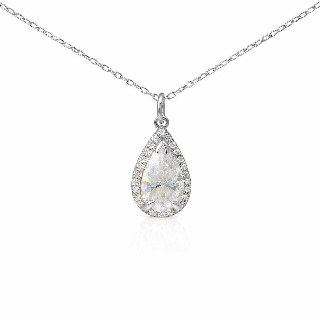 Sterling Silver Moissanite 1.8ct Pear Shape Halo Necklace