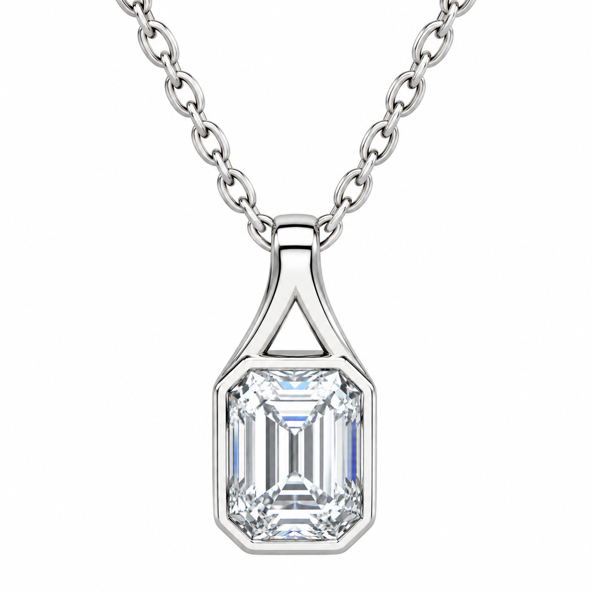 Sterling Silver 2.0 CT Emerald Cut Moissanite Bezel Setting Solitaire Necklace