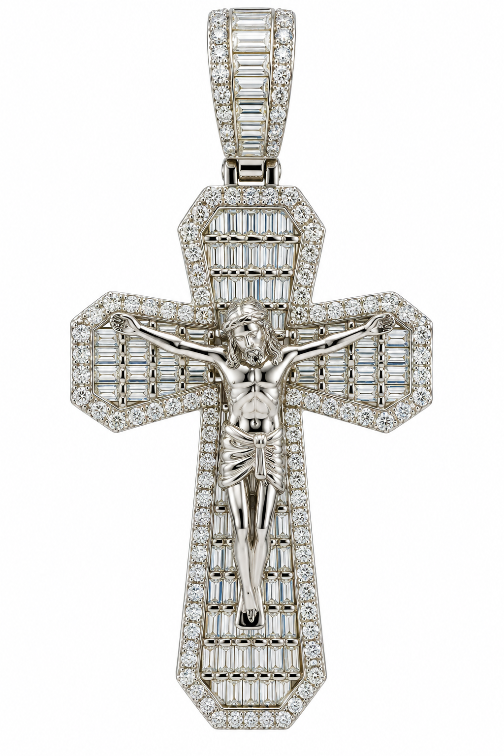 Sterling Silver Baguette Moissanite Jesus Crucifix Pendant - 3.17 CTW