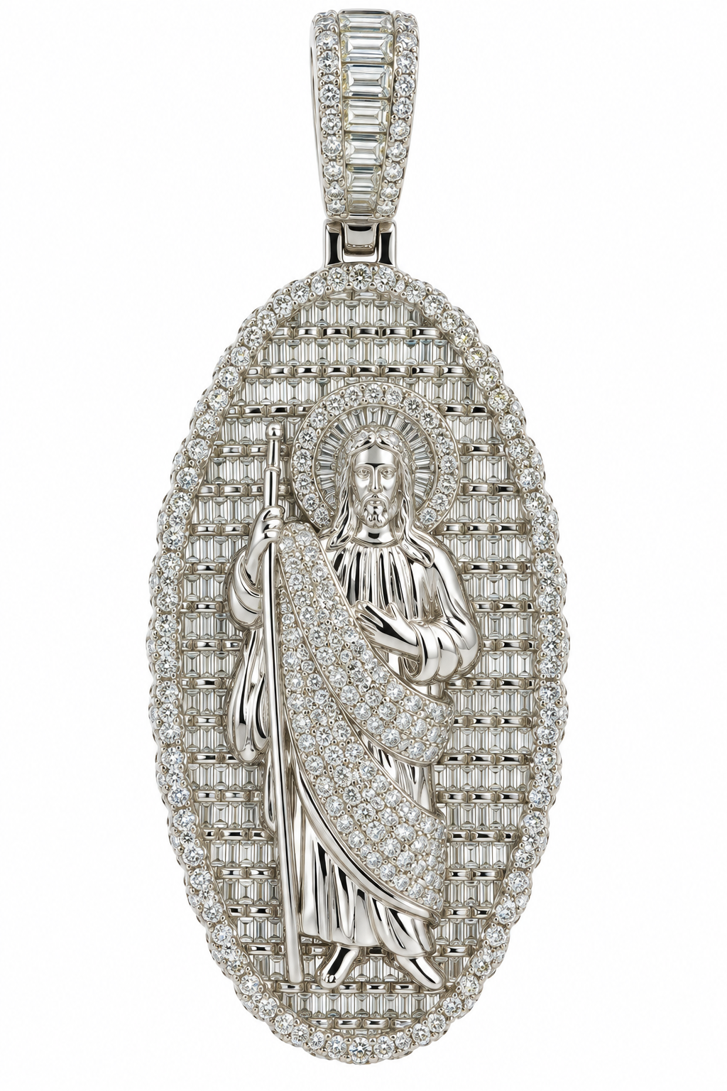 Sterling Silver Moissanite Oval Saint Jude/San Judas Pendant - 3.51 CTW
