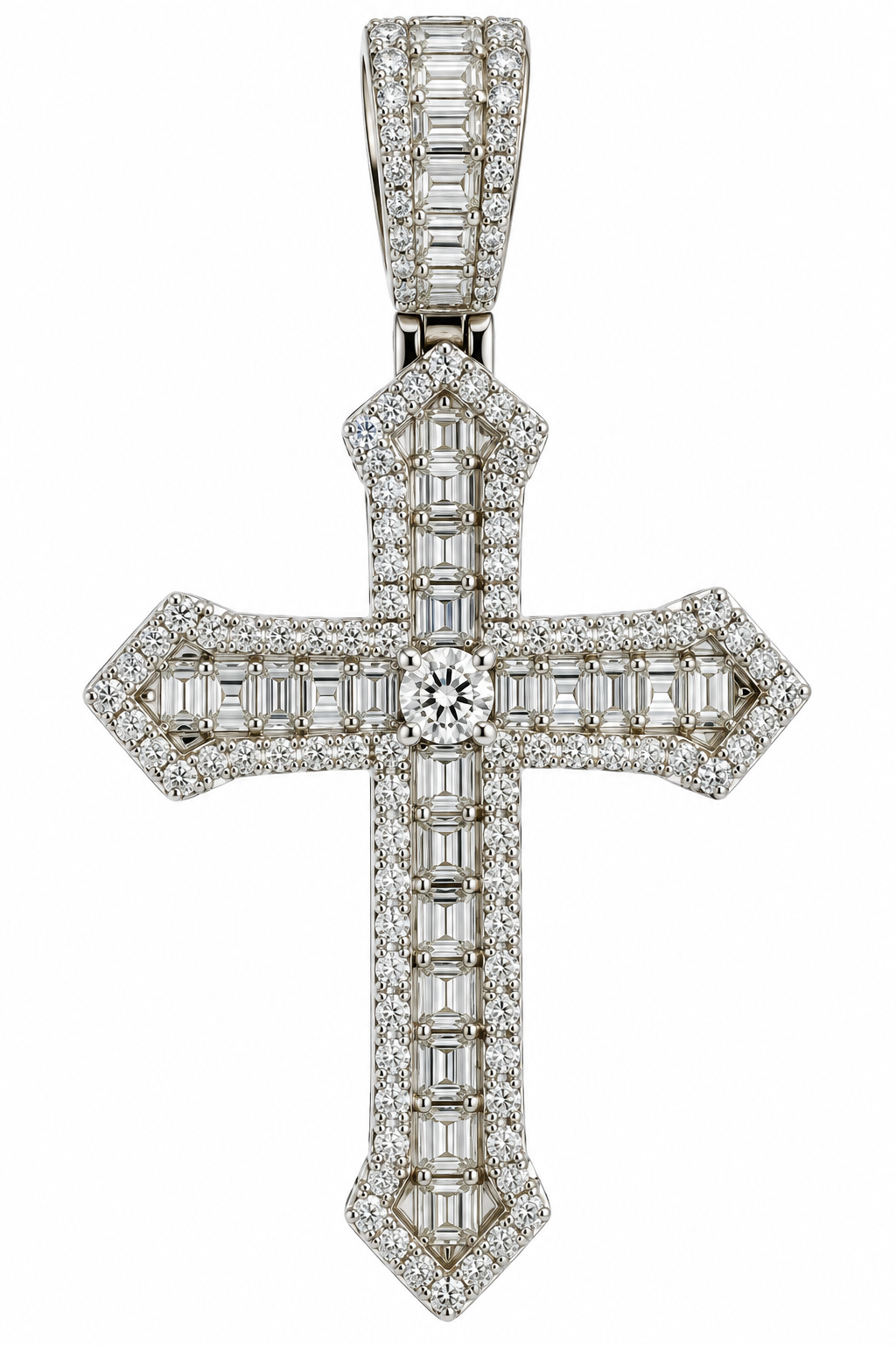 Sterling Silver Moissanite Baguette Cross Pendant - 3.10 CTW