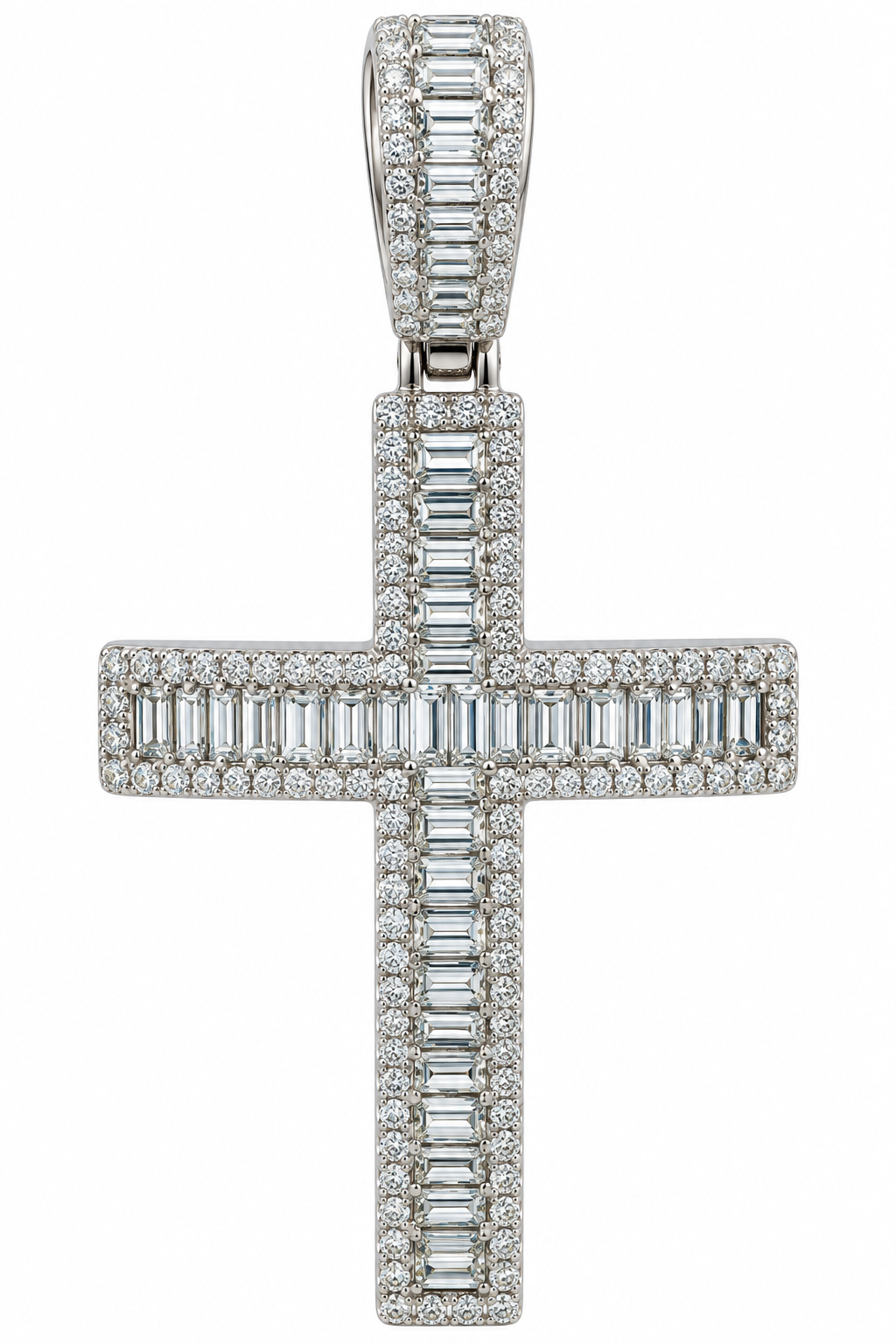 Sterling Silver Baguette Moissanite Curved Cross Pendant - 2.93 CTW
