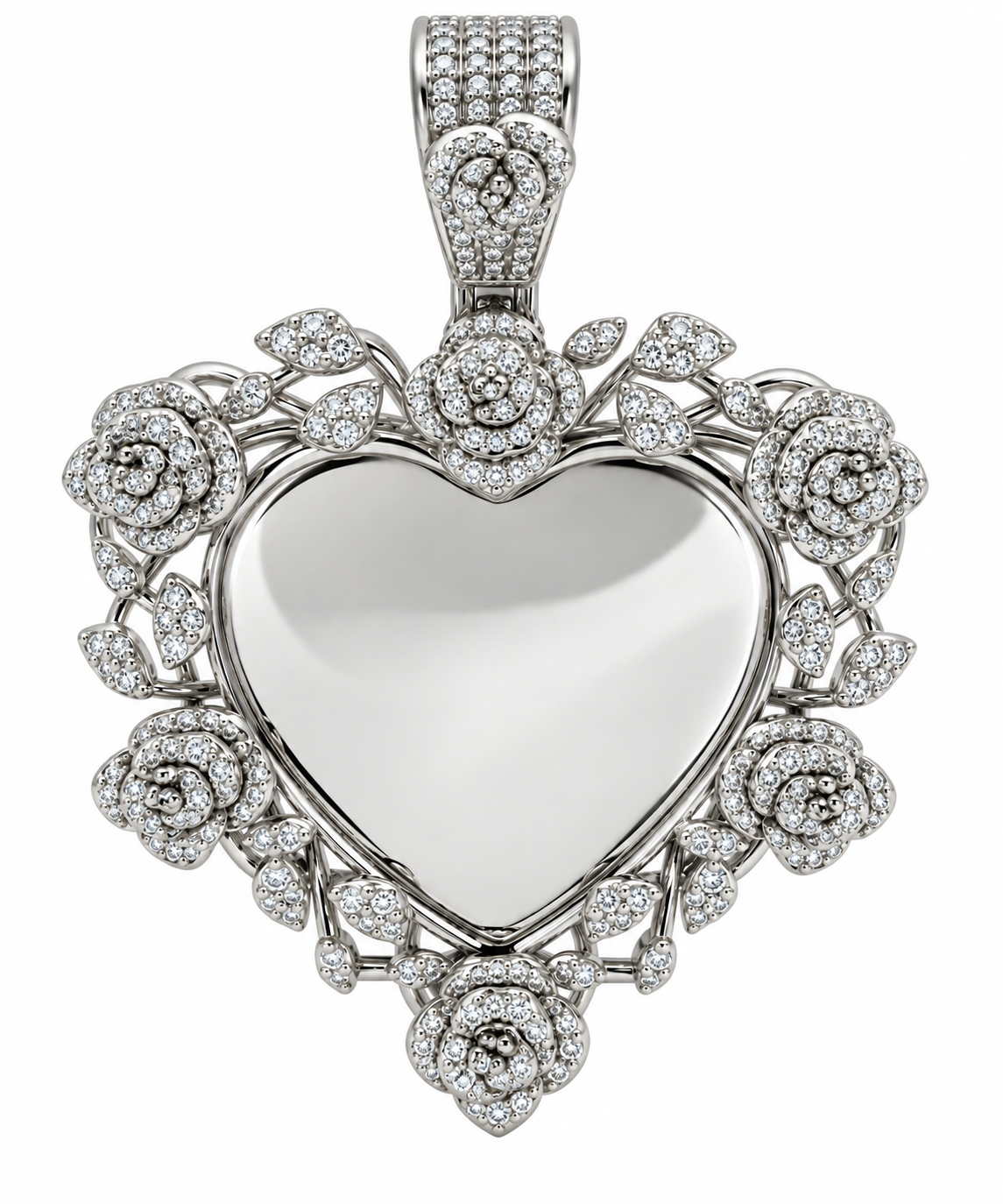 Sterling Silver Moissanite Roses Floral Heart Picture Pendant - 1.53 CTW VVS D