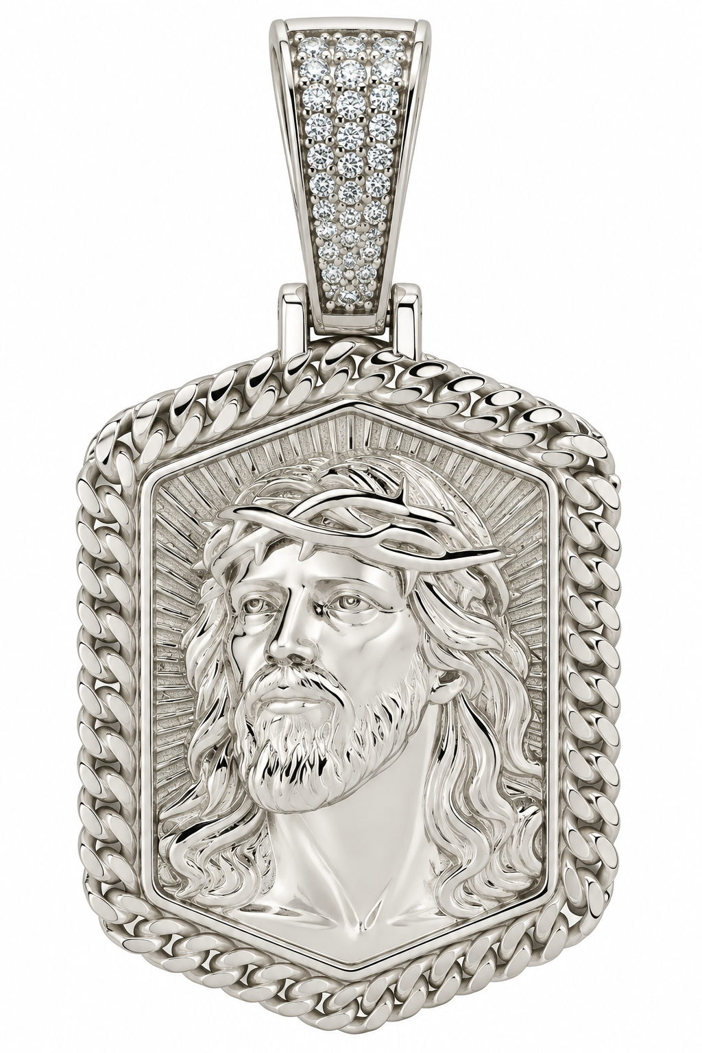 Sterling Silver Moissanite Bail Jesus Face W/ Cuban Link Border Hexagonal Pendant - 0.20 CTW