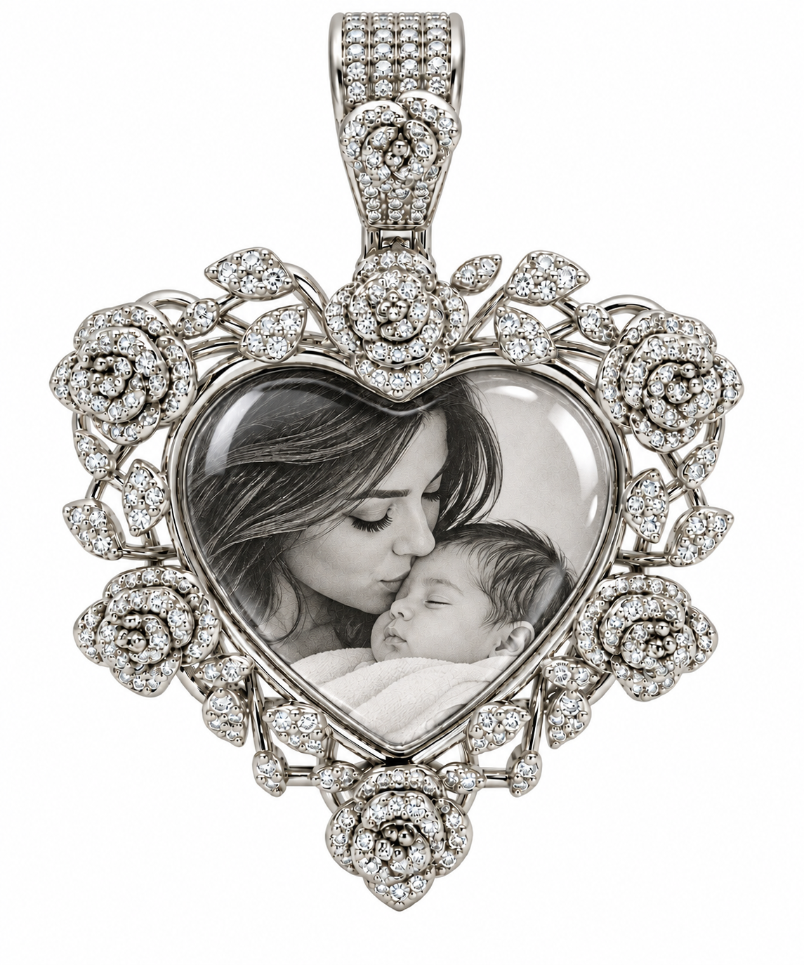 Sterling Silver Moissanite Roses Floral Heart Picture Pendant - 1.53 CTW VVS D