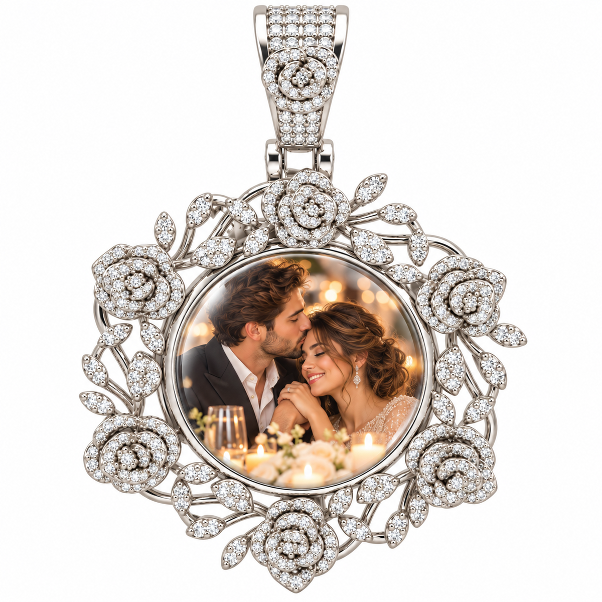 Sterling Silver Moissanite Roses Floral Picture Pendant - 1.53 CTW VVS D