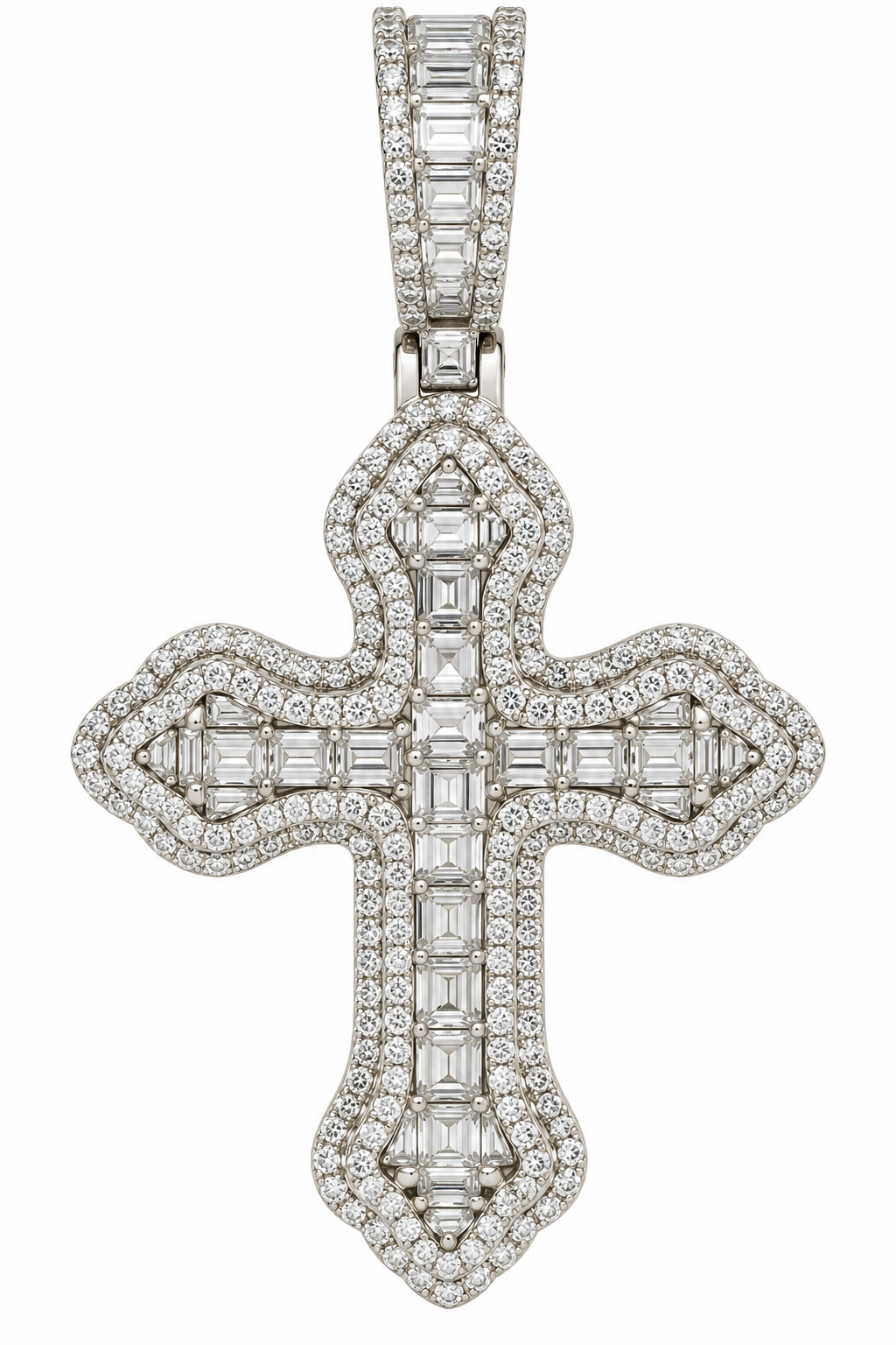 Sterling Silver Baguette Moissanite Curved Cross Pendant - 2.59 CTW