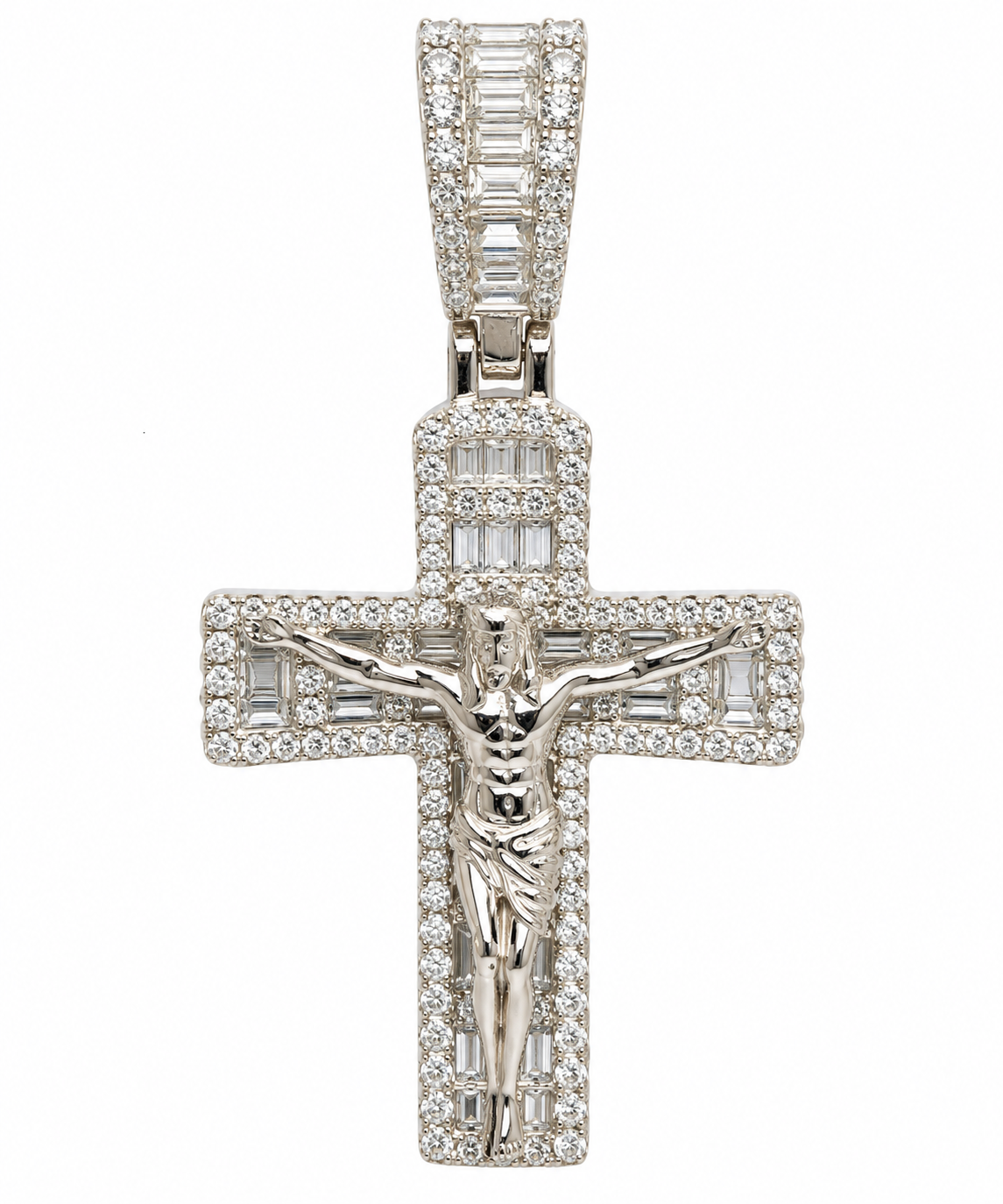 Sterling Silver Moissanite Baguette Crucifix Pendant - 1.92 CTW